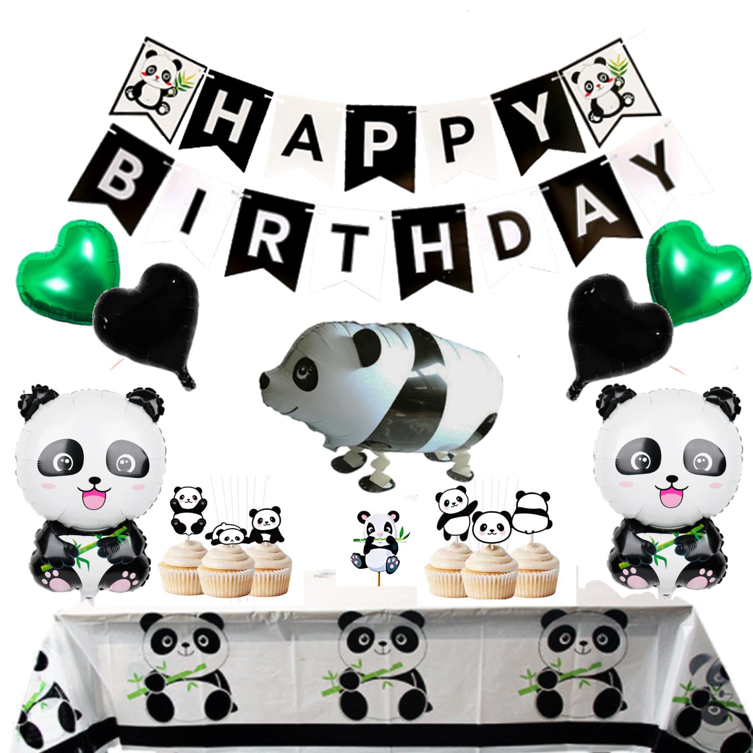 65Pcs Cute Panda Party Supplies - Panda Happy Birthday Banner, Balloons, Cupcake Toppers, Tablecloth & More for Kids & Adults