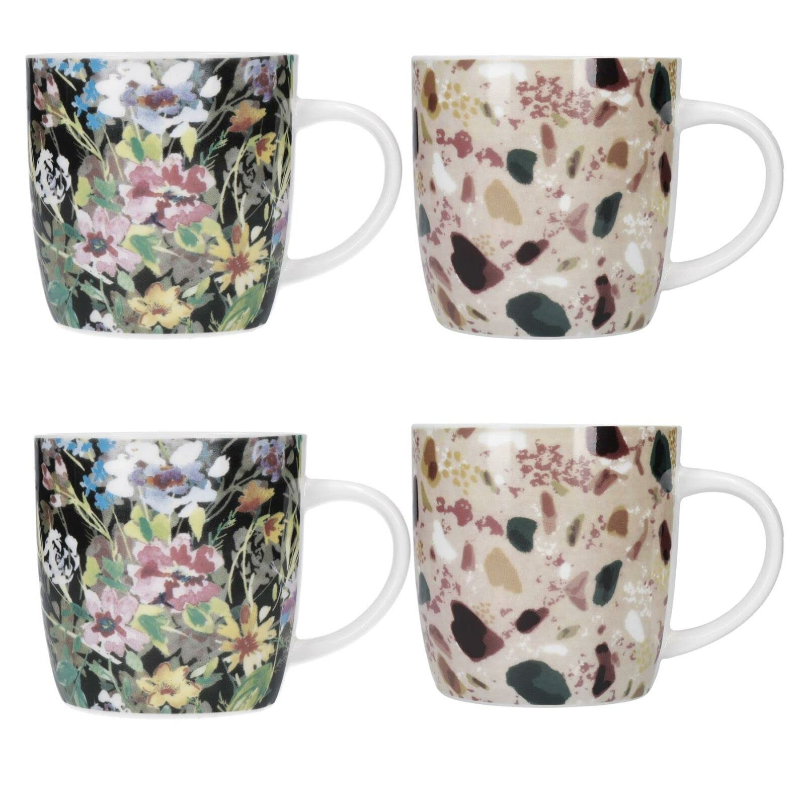 KitchenCraft Terrazzo Floral Set of 4 Stoneware Barrel Coffee Mugs 425ml