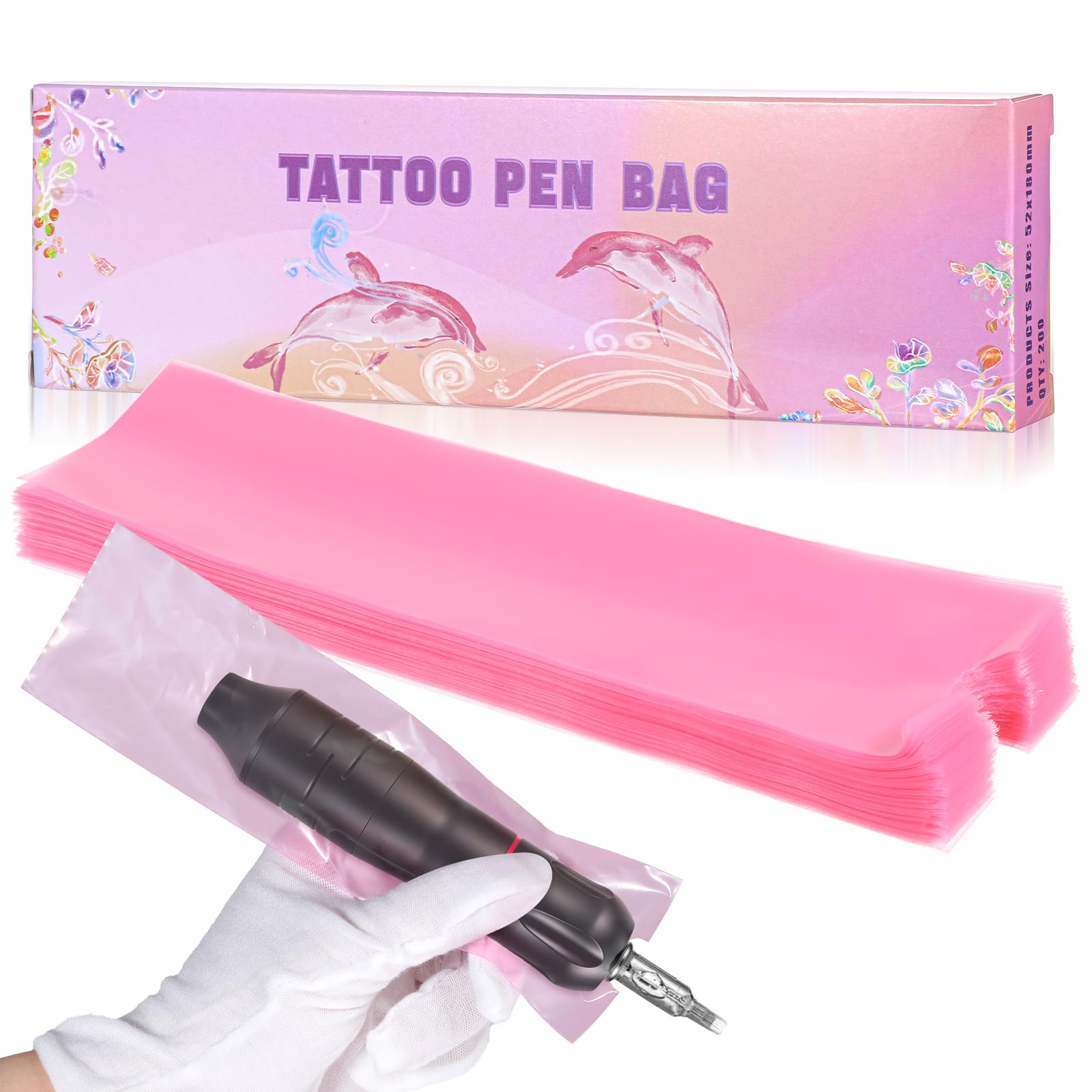 200PCS Large Tattoo Pen Covers, Tattoo Machine Covers, Tattoo Pen Machine Bags, 2.04 × 7.09 Inch Disposable Tattoo Pen Covers Plastic Wrap, Tattoo Machine Wrap for Most Tattoo Pens (Pink)
