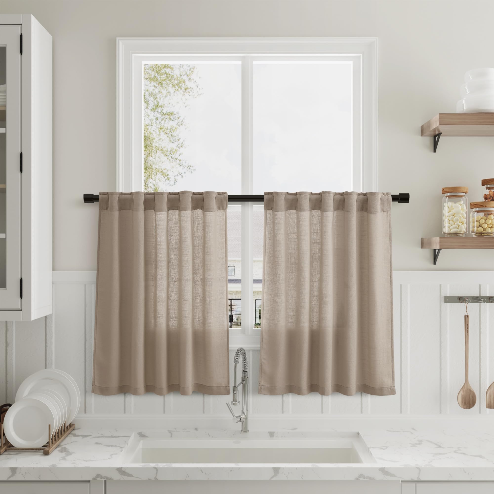 Photo 1 of Nanspring Taupe Linen Cafe Curtains 24 Inch Length Light Filtering Semi Sheer Mini Curtain for Small Window Basement Bathroom Back Tab Rod Pocket Pleated Short Sheer Kitchen Drapes 36x24 Inches