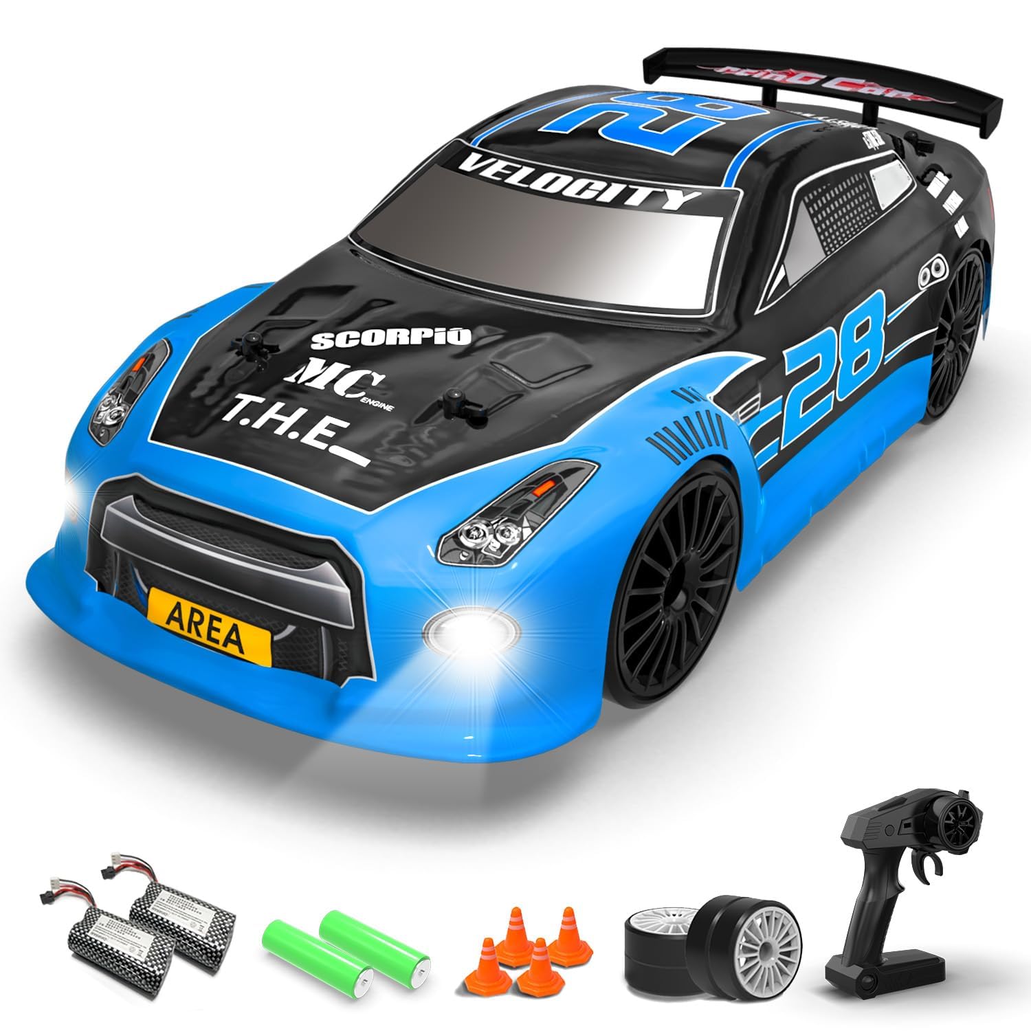 Photo 1 of RACENT 1:24 Scale RC Drift Car, 10MPH 4WD Remote Control Car with LED Light, Racing and Drifting Wheels, 2 Rechargeable Batteries, Toy for Boys, Girls, Kids (Blue)