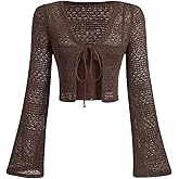 Milumia Women's Tie Front Crochet Cover Up V Neck Bell Long Sleeve Crop Cardigans
