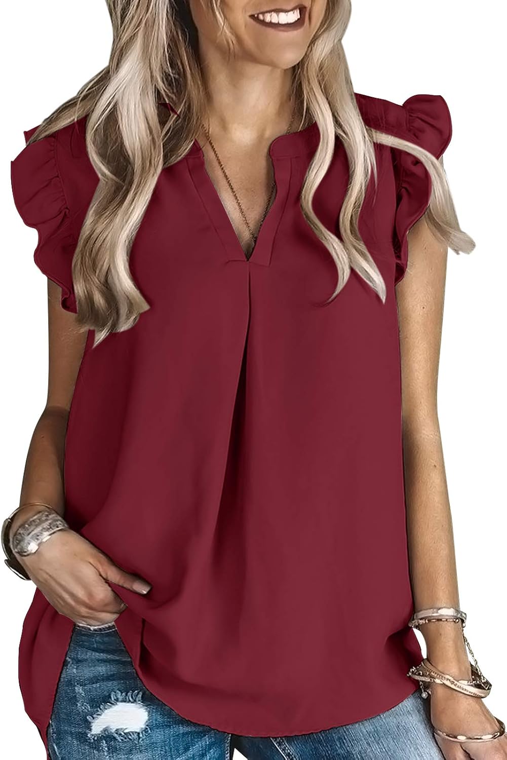 Ashuai Women’s V Neck Sleeveless Tops Cap Ruffle Short Sleeve Tunic