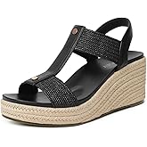 GOUPSKY Espadrilles Wedge Sandals For Women Comfortable Open Toe Platform Sanadls Elastic Ankle Strap Wedges With Arch Support for Walking Beach Summer Shoes