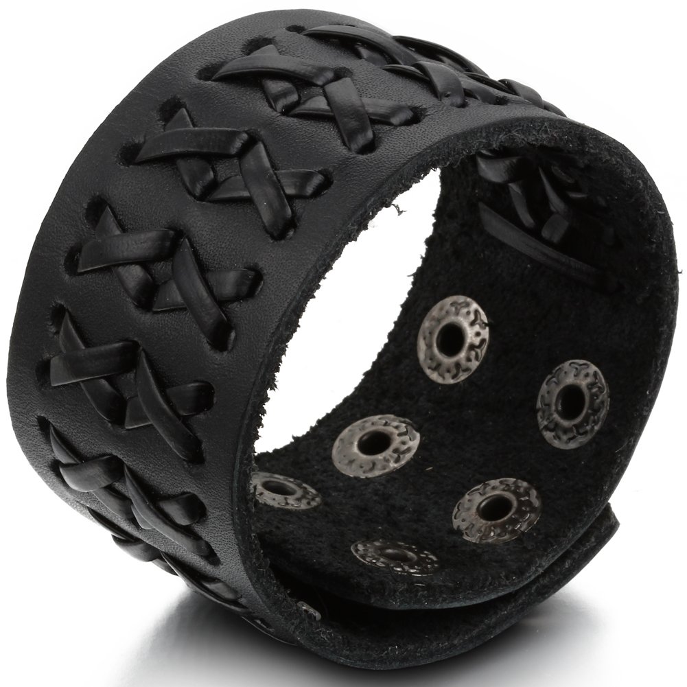 JewelryWe Wide Black Leather Men's Bangle Cuff Bracelet Size Adjustable, Punk Rock