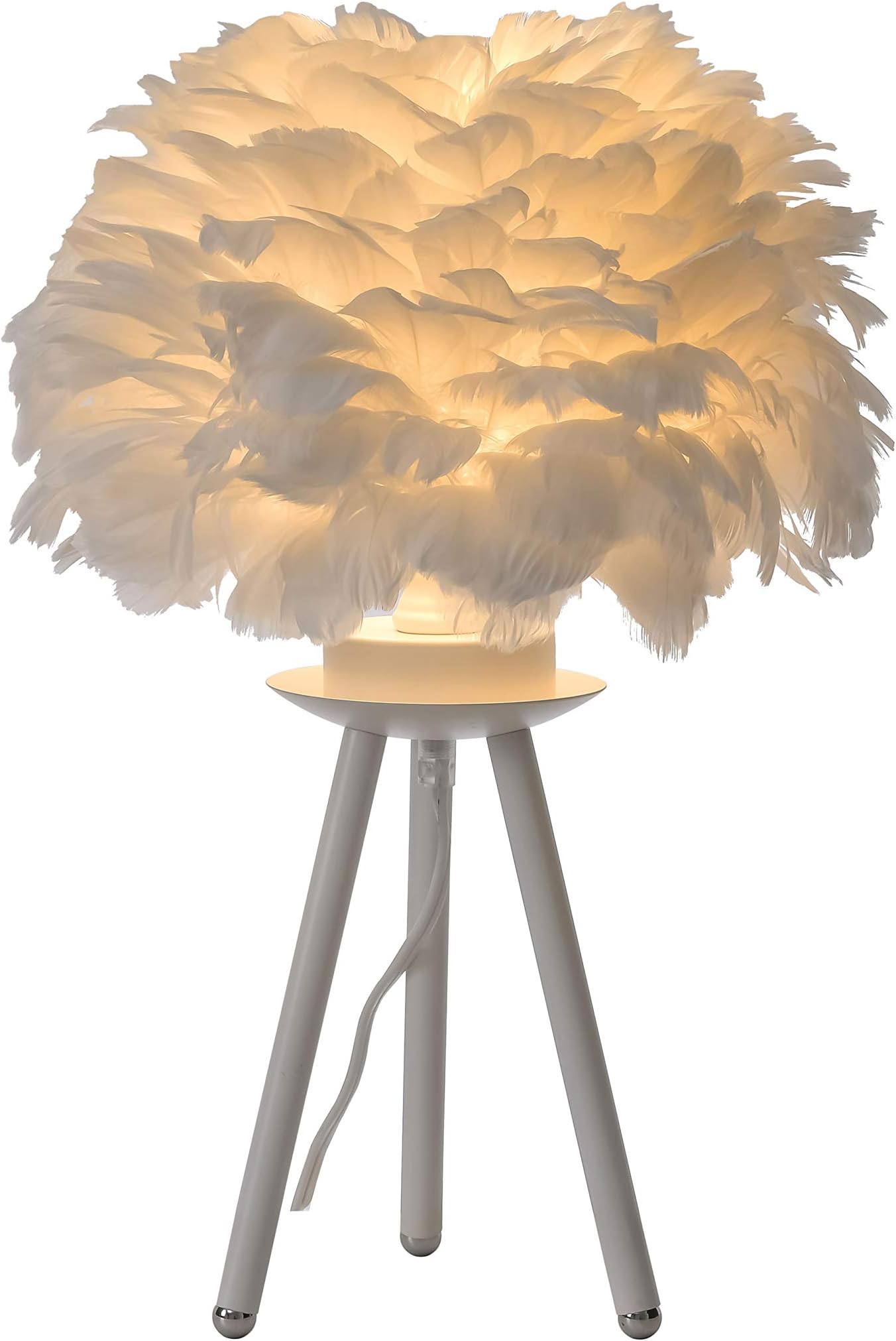 FERWVEW Modern Feather Table Lamp, White Tripod Desk Night Light Bedside Table Lamp, Elegant Feather lamp Nightstand Lights for Bedroom Living Room Kids Room Wedding