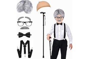 Yunsuelo Old Man Costume Wig for Kids, 100 Days of School Costume for Boys and 8pcs Grandpa Costume for Kids with Mustache, Cane, Glasses, 100th Day of School Dress Up Accessories
