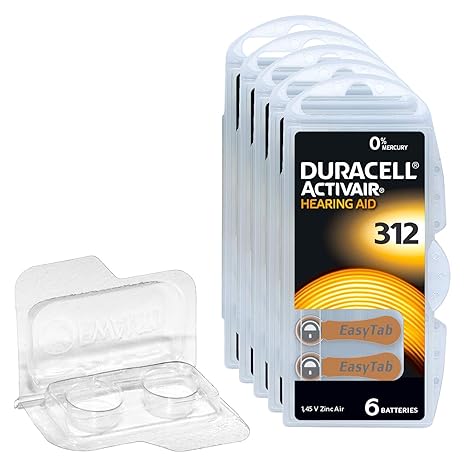 30x Duracell Activair 312 Hörgerätebatterien, 5x6er Blister PR41 Braun 24607 Hearing Aid + Aufbewahrungsbox für 2 Batterien (