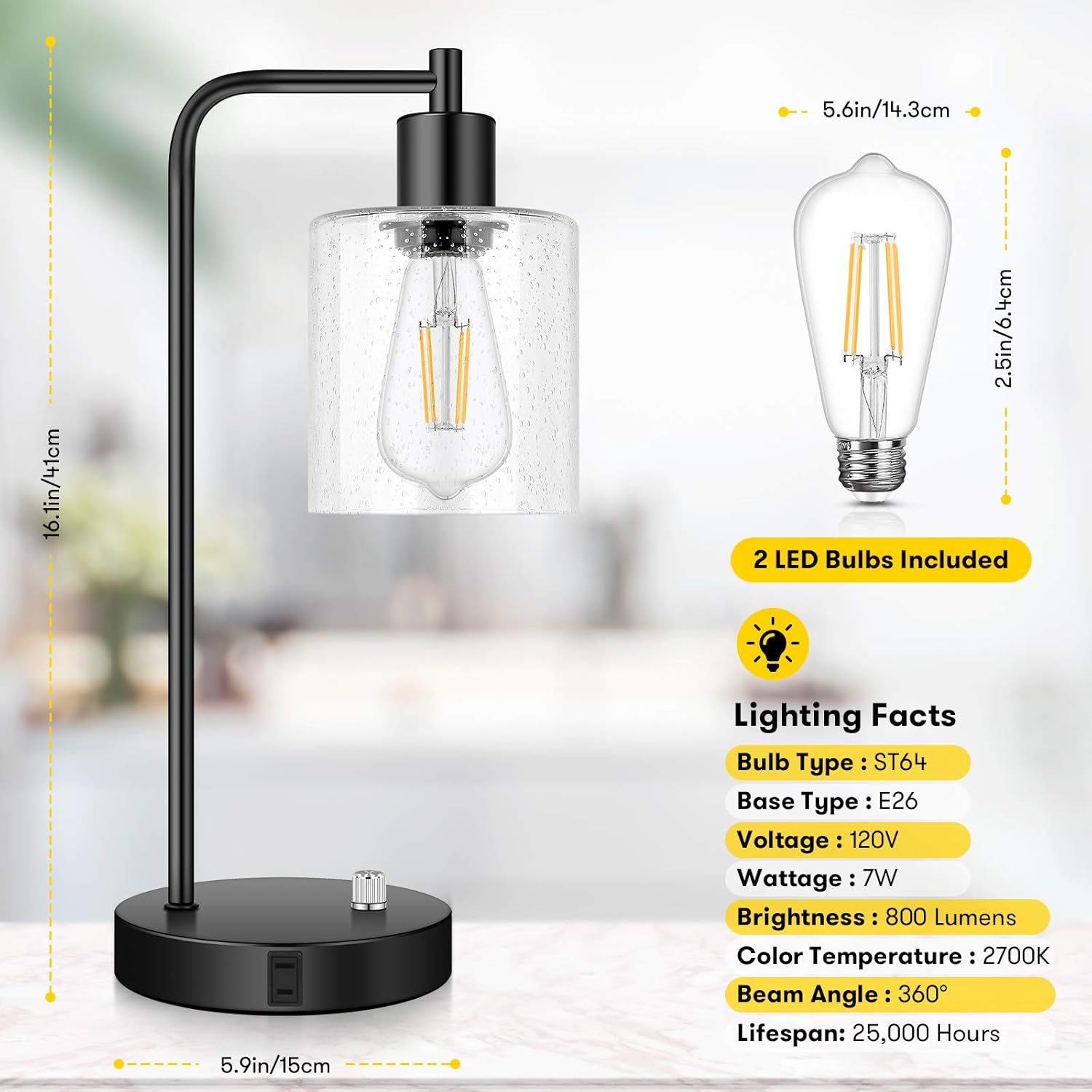 Set of 2 Fully Stepless Dimmable Industrial Table Lamps with 2 USB Ports & AC Outlet, Bedside Nightstand Desk Lamps with Seeded Glass Shades for Bedroom Dorm Living Room, 2 7W 2700K LED Bulbs Included - - 