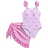 Floerns Girl's One Piece Swimsuit Cute Bow Striped Print Bating Suit with Beach Cover Up Skirt