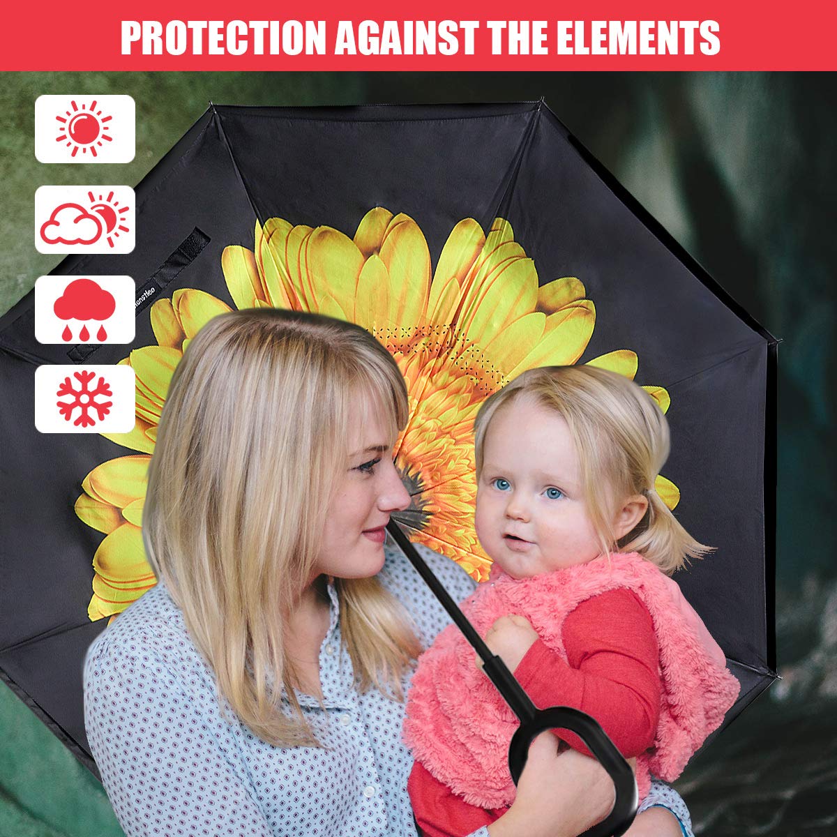 Monstleo Double Layer Inverted Umbrella Cars Reverse Umbrella, Windproof UV Protection Big Straight Umbrella for Car Rain Outdoor With C-Shaped Handle and Carrying Bag