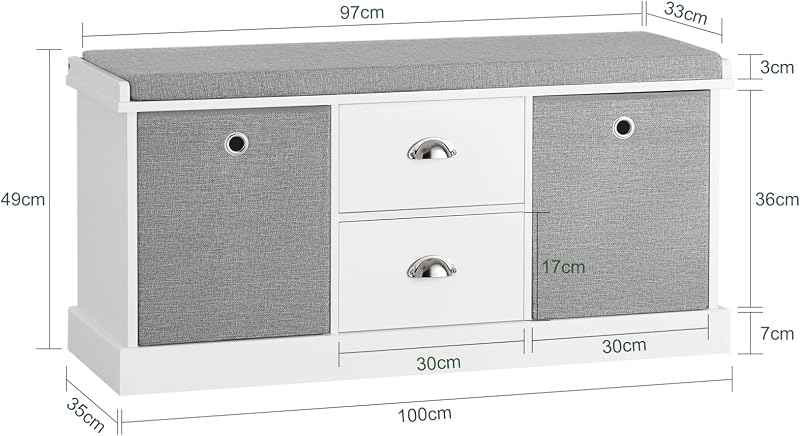 Banco para sapatos FSR66-HG com 2 gavetas e 2 cestos, Banco com arrumação, L100 x P35 x H50cm, ES