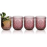 Topsky Vintage Drinking Glass Set of 4,12 oz Embossed Floral Drinkware Set,Pink Purple Drinking Glasses Cups Wine Glasses Colored Glassware for Whisky,Beer,Juice,Cocktail,Heavy Duty