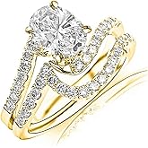Houston Diamond District LAB GROWN DIAMOND Curving Pave & Prong-set Round Oval Cut Diamond Engagement Ring and Wedding Band Set (G-H Color VS1-VS2 Clarity)