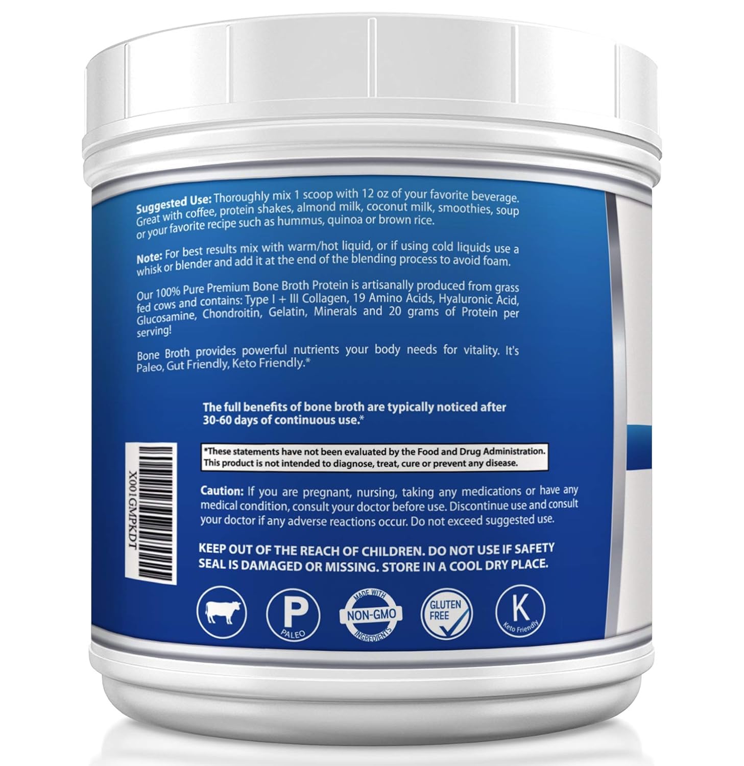 Bone Broth Protein Powder from Grass Fed Beef 20oz High in Collagen and Gelatin Paleo and