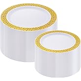 I00000 200 Pieces White and Gold Plastic Plates, Disposable Plastic Plates for 100 Guests Include: 100 Pcs Dinner Plate 10.25” and 100 Pcs Dessert Plate 7.5” with Gold Lace Rim Perfect for Party