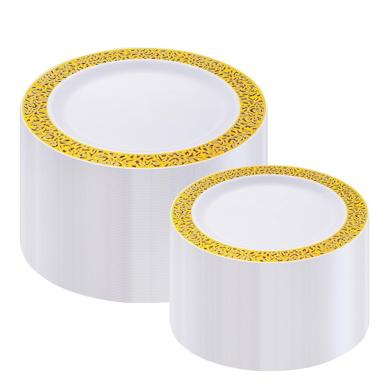 I00000 200 Pieces White and Gold Plastic Plates, Disposable Plastic Plates for 100 Guests Include: 100 Pcs Dinner Plate 10.25” and 100 Pcs Dessert Plate 7.5” with Gold Lace Rim Perfect for Party Image
