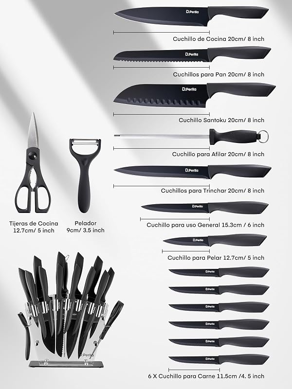 Cuchillos de Cocina 16 Piezas Negro Revestimiento Antiadherente