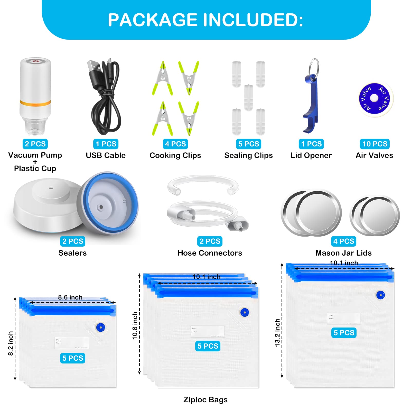 46 PCS Electric Vacuum Sealer, Sous Vide Bags, Handheld Mason Jar Vacuum Sealer & 15 PCS Reusable Vacuum Food Storage Bags for Anova, Joule Cookers, 4 Cooking Clips, 5 Sealing Clips