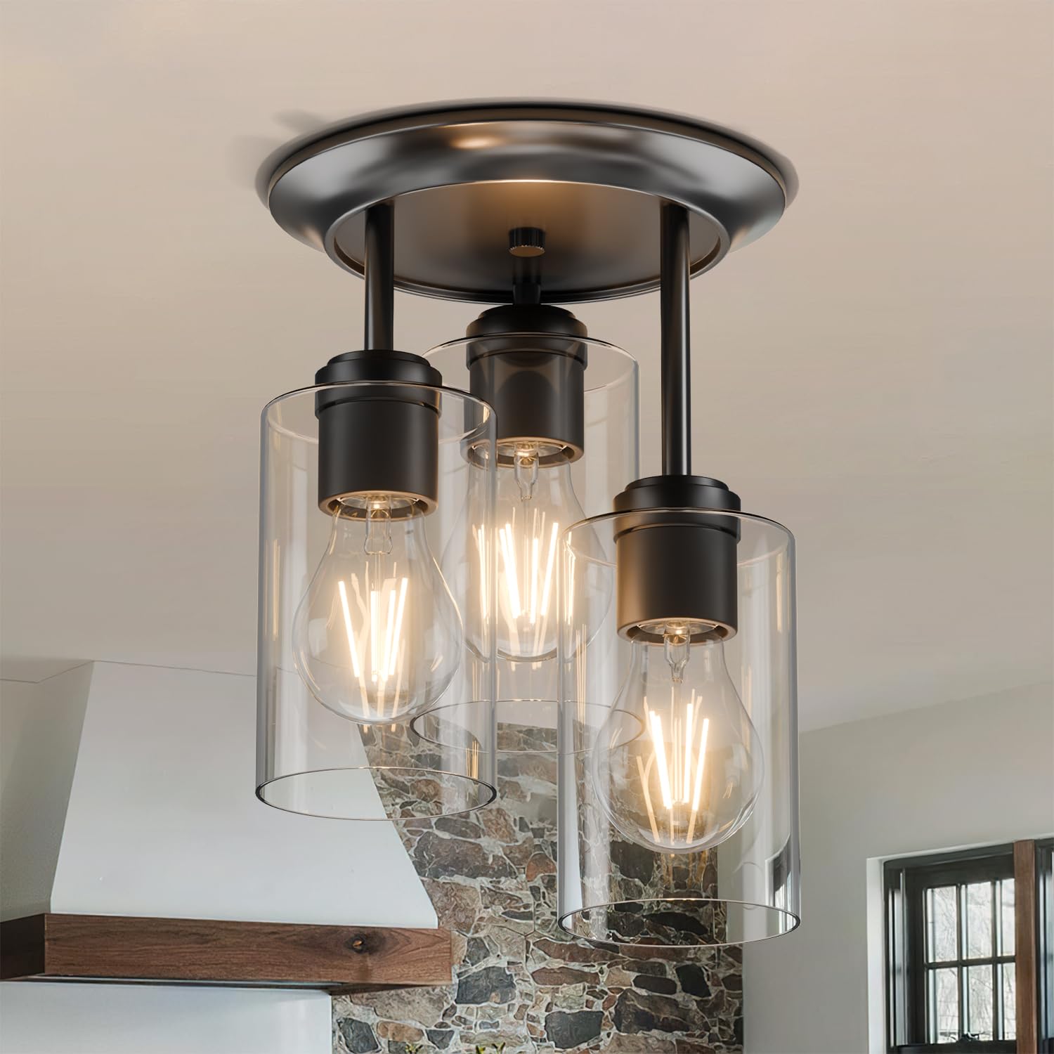 Photo 1 of Kalium 3-Lights Semi Flush Mount Ceiling Light Fixture, Matte Black Light Fixtures, Ceiling Light for Kitchen, Foyer, Entryway, Farmhouse, Home Decor, Clear Glass Shade.