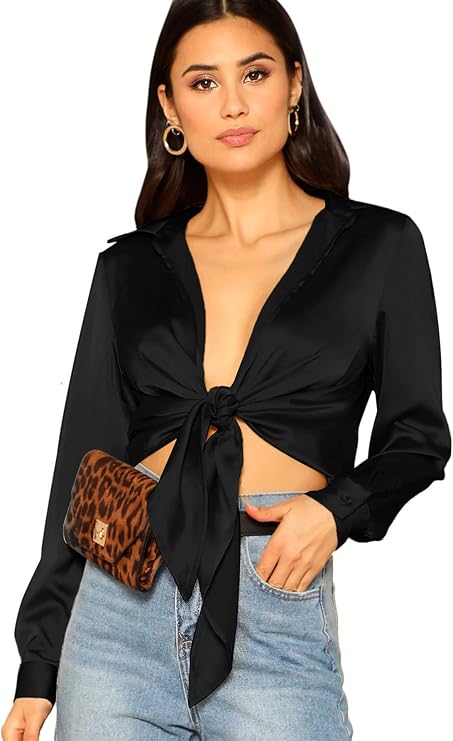 SheIn Women's Long Sleeve Self Tie Knot Front Satin Crop Top Blouse Shirt X-Small Black at 