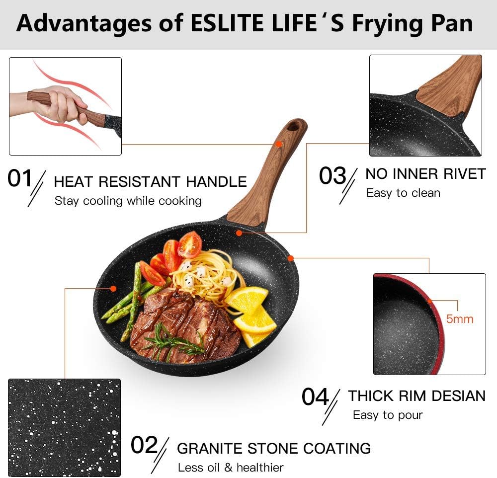 ESLITE LIFE Frying Pan Set Nonstick Skillet Set Induction Compatible With Granite Coating 3 Piece, 8 Inch, 9.5 Inch and 11 Inch: Kitchen & Dining