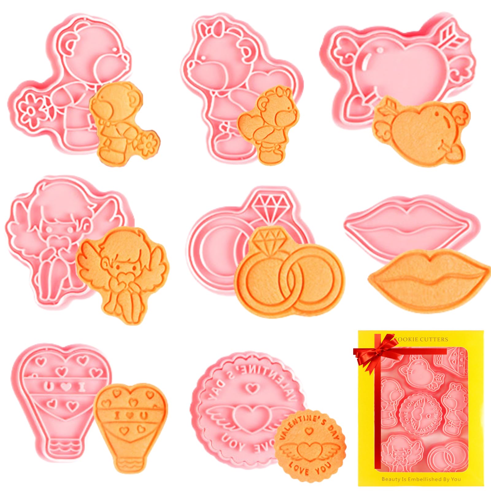 PTaizjjz Valentine's Day Cookie Cutter Set,8 PCS Plastic Wedding Cookie Cutters,Pressable Embossing Cutters Tools for Valentine DIY Baking Supplies — image 1