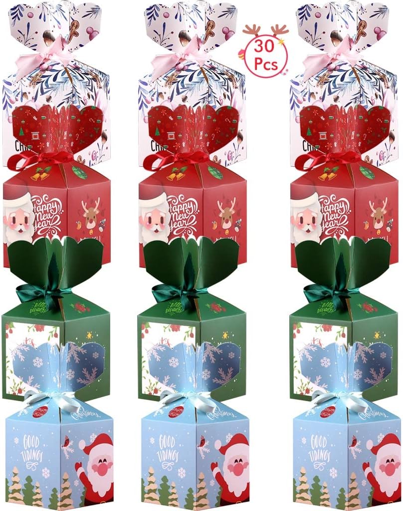 DreamJing Santa Claus Gift Boxes Party Favor Gift Bags 30 Packs Elk Gift Bags Exquisite Treat Boxes Candy Box for Christmas Eve Birthday Baby Shower Decorations