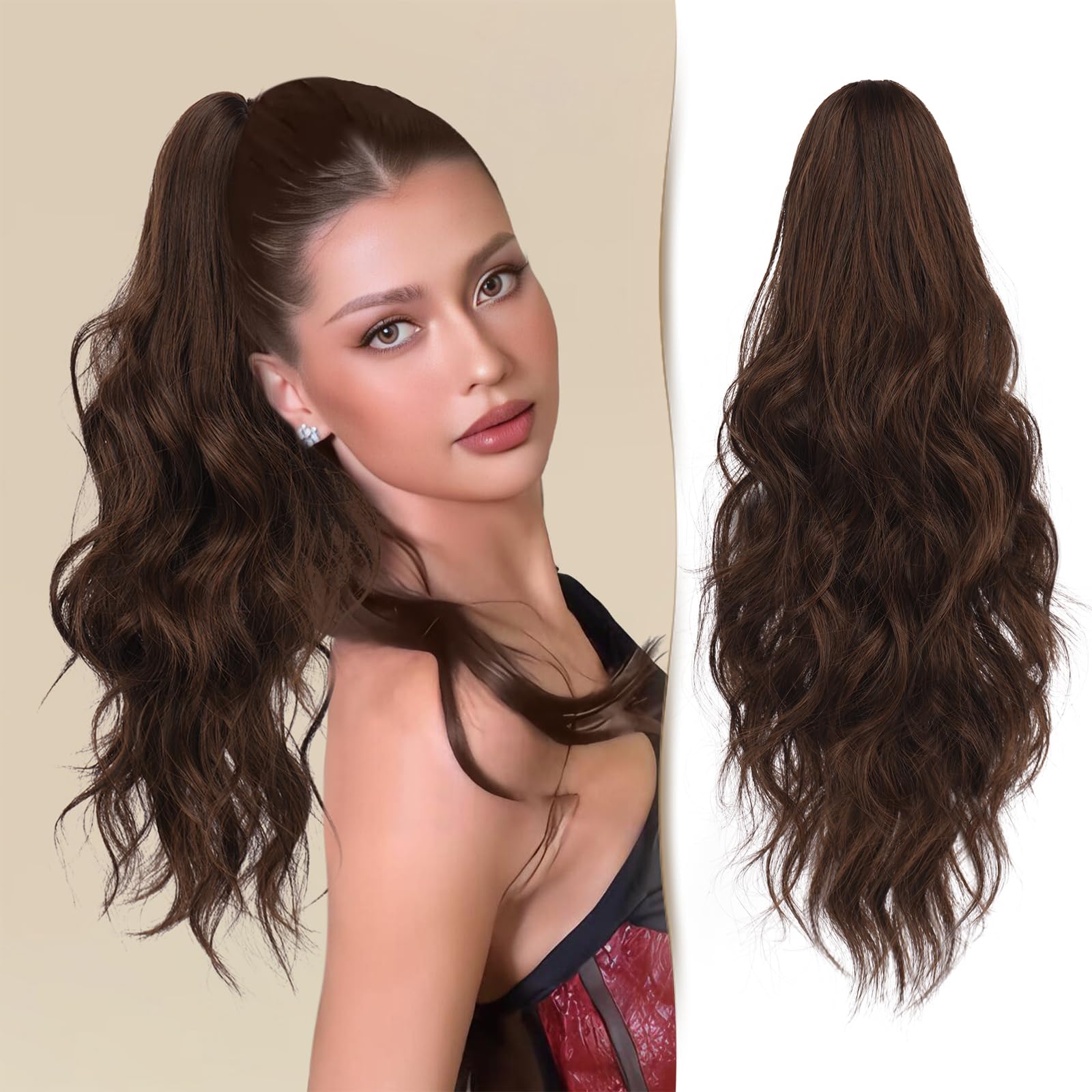 Photo 1 of Sidaila Hair Extensions Ponytail 18" Claw Clip in Hair Extensions Curly Wavy Fake Ponytail Extension Long Soft Synthetic Pony Tails Hair Piece for Women - Brown & Light Auburn Mixed