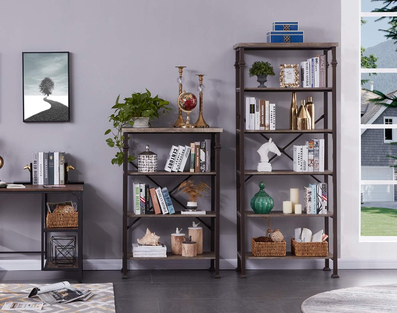 Hombazaar 4-Tier Industrial Bookcases, Vintage Open Etagere Bookshelf, Multi-Functional Shelf Units for Collection, Grey Oak: Furniture & Decor