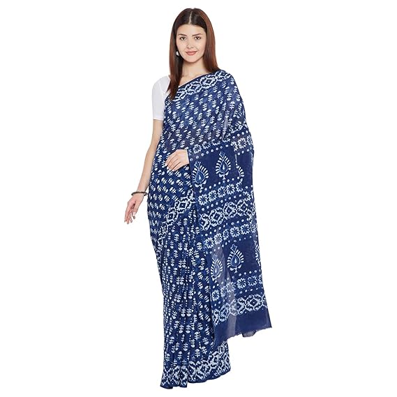 Finest Quality Cotton - Handmade Indigo Double Dabu print - Block Print Saree with Blouse Piece BAPASA0081