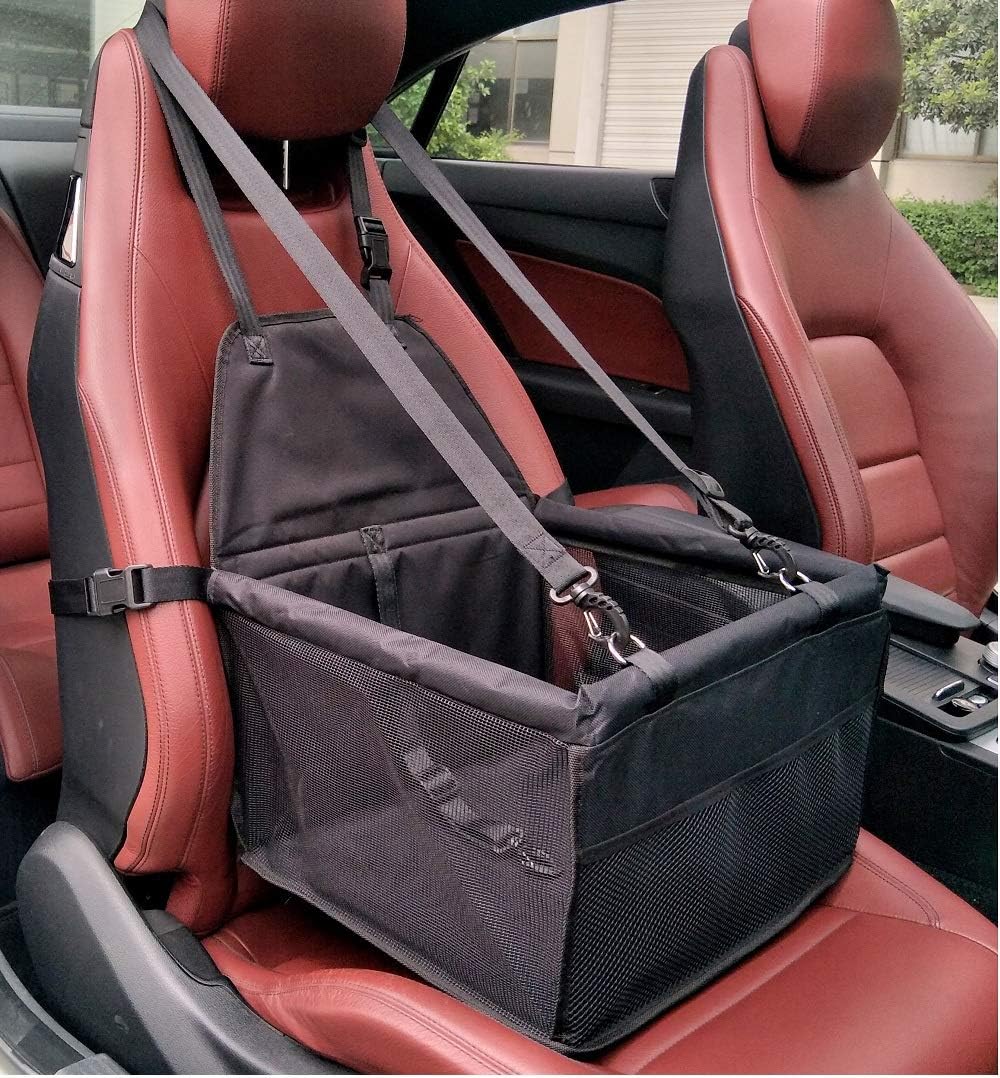SUGOIDAN Pet Booster Seat Dog Cat Cage Comfort Travel Waterproof Foldable Safety Car Front or Rear Seats with Seat Belt Tether (Black)