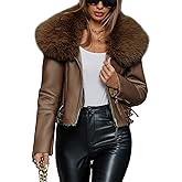Bellivera Women's Faux Leather Jacket Moto Biker Sherpa-Lined Coat with Removable Fur Collar