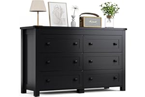 HUANLEGO Black Dresser for Bedroom with 6 Drawers, Modern Chest of Drawers, Wood Dressers Bedroom Furniture Wide Storage Drawers Dressers Organizer for Closet, Living Room, Hallway