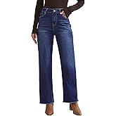 Vetinee Straight Leg Jeans for Women Trendy High Waisted Frayed Hem Stretchy Denim Pants Relaxed Casual Trouser Jeans