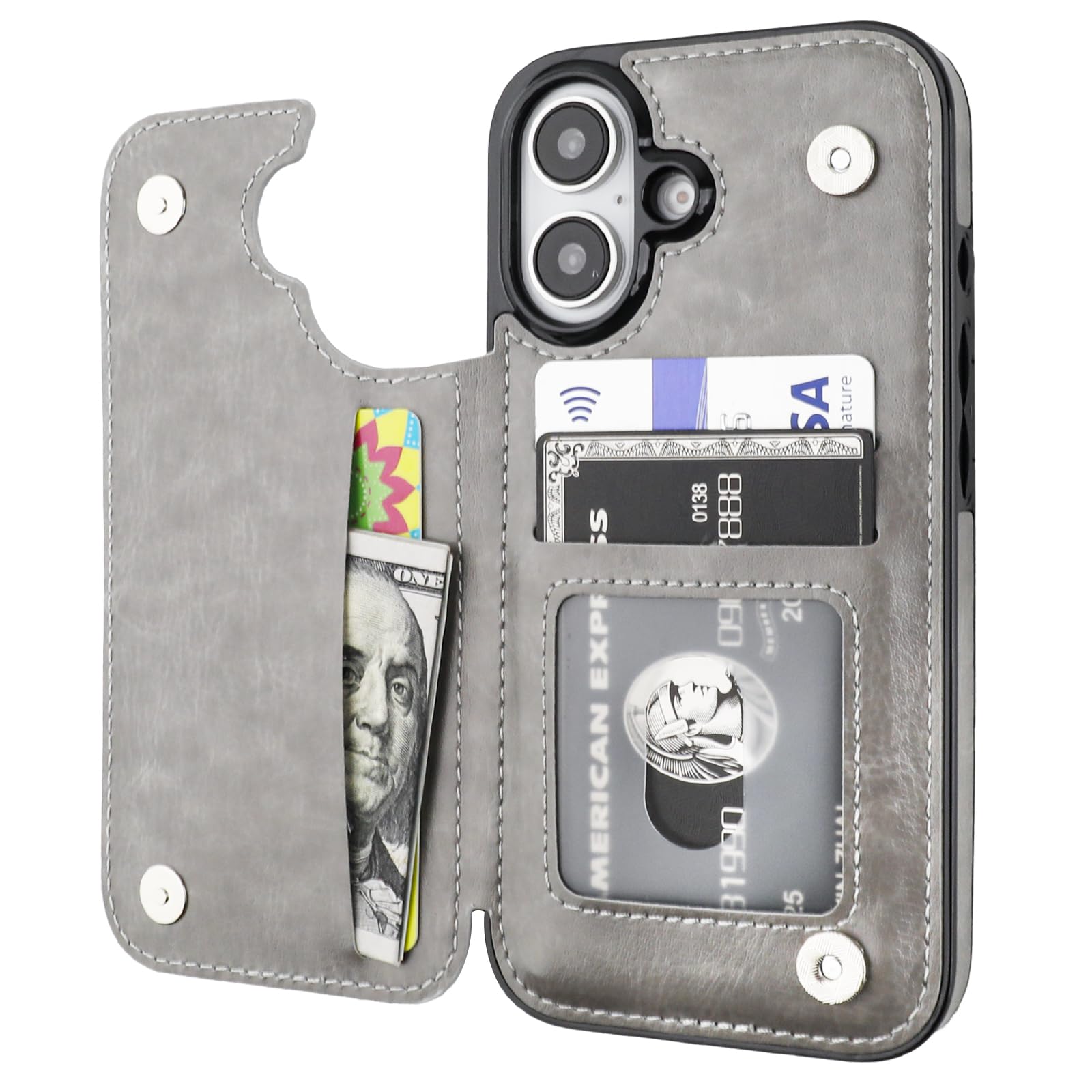 Photo 1 of ONETOP Compatible with iPhone 16 Wallet Case with Card Holder, PU Leather Kickstand Card Slots Case, Double Magnetic Clasp and Durable Shockproof Cover 6.1 Inch (Gray)
