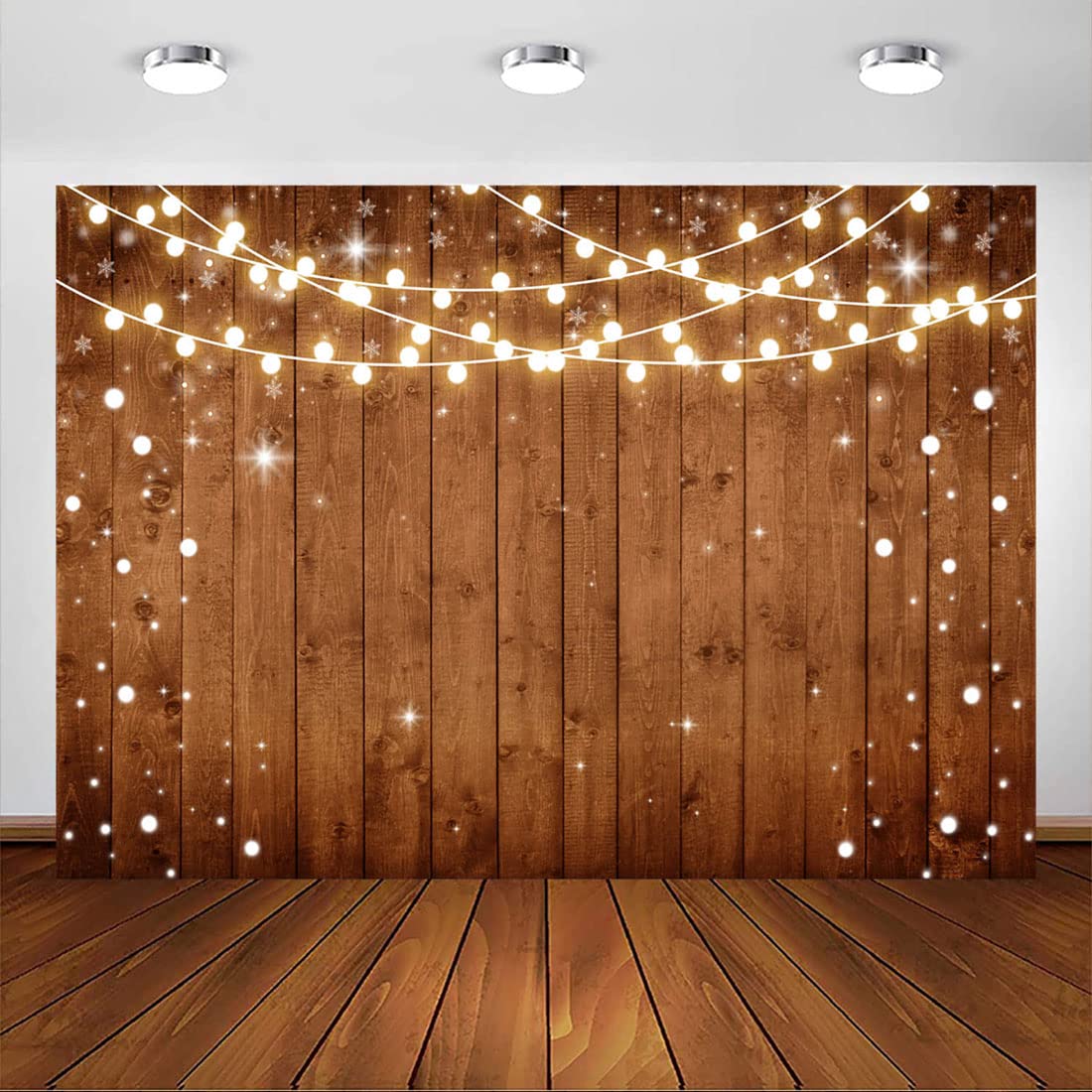 Avezano Photography Backdrop Brown Rustic Wood Shining Bulbs Wedding Party Banner Children Anniversary Birthday Photography Backdrops (7x5ft)