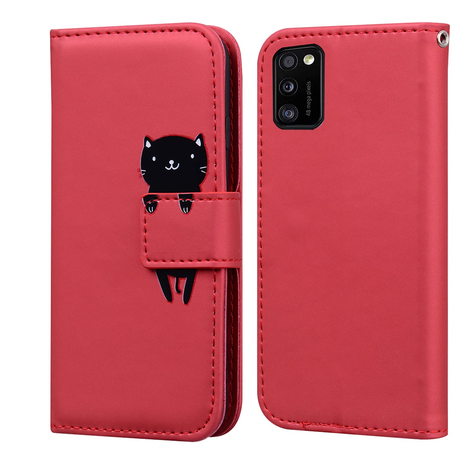 LUKASI for Samsung Galaxy A41 Phone Case, Cartoon Pattern Folding Stand PU Leather Wallet Flip Cover with TPU Inner Shell, Card Slots, Magnetic Closure (Samsung Galaxy A41-Red)