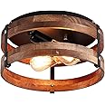 2-Light Rustic Flush Mount Light Fixture Oak Wood Round Drum Semi Flush Mount Ceiling Light for Hallway Bedroom Kitchen Entryway Farmhouse, Black