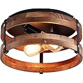 2-Light Rustic Flush Mount Light Fixture Oak Wood Round Drum Semi Flush Mount Ceiling Light for Hallway Bedroom Kitchen Entry