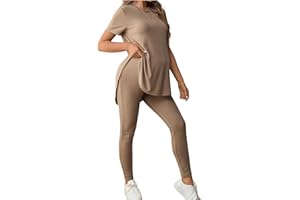 OYOANGLE Women's Maternity 2 Piece Ribbed Knit Lounge Set Short Sleeve T-shirt and Legging Pants Fall Outfits