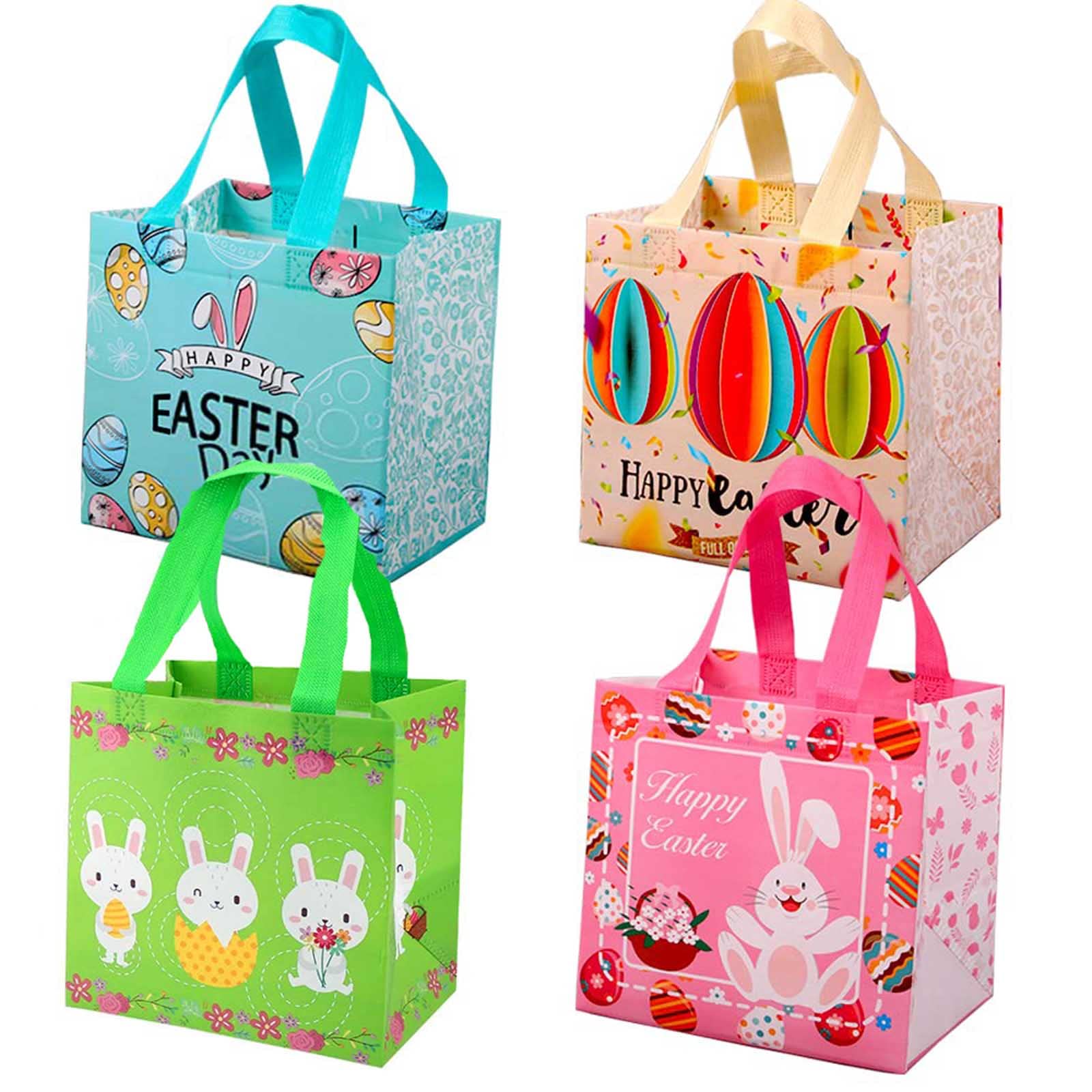4 Pack Easter Tote Bags with Handles,Large Easter Gift Bags Reusable Bunny Egg Hunt Party Treat Bag Waterproof Grocery Shopping Goodie Bag for Holiday Favors Non-Woven Bag for Kids