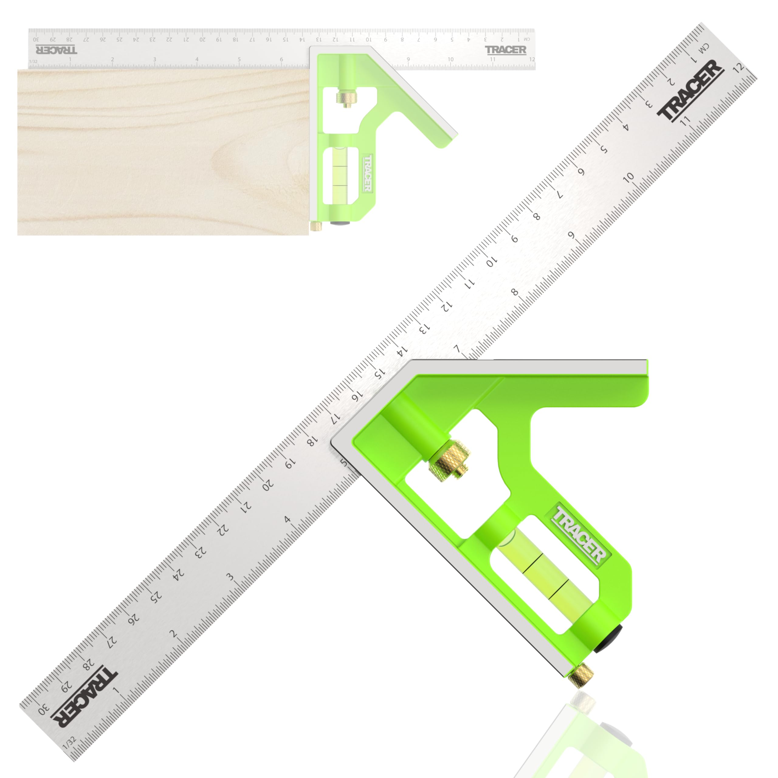 TRACER Combination Square 300mm (12 Inch). 45/90 degree Measuring Tool with built in Spirit Level and Scribe Tool. Metric & Imperial scales. Stainless Steel.