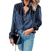 Melliflo Women's Frilled Neck Buttoned Front Velvet Top Casual V Neck Solid Long Sleeve Blouse Tops