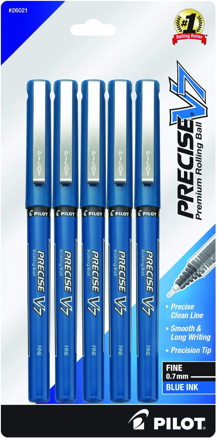 PILOT Precise V7 Stick Liquid Ink Rolling Ball Stick Pens, Fine Point (0.7mm) Blue Ink, 5-Pack (26021) : Liquid Ink Rollerball Pens : Office Products