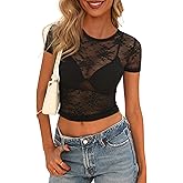 PRETTYGARDEN Women's Summer Sheer Lace Top 2026 Short Sleeve See Through Fitted Mesh Blouse Shirts Going Out Club Outfits