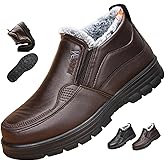 Men's Waterproof Thickened Warm Fur Lined Winter Boots, Men's Leather Warm Fur Lined Slip on Snow Boots, Comfortable Low Cut Anti-Slip Outdoor Orthopedic Walking Shoes