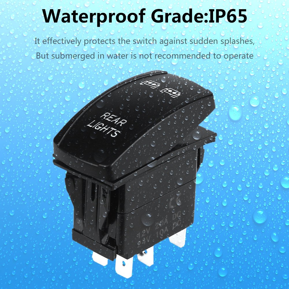 WATERWICH 5 Pin Rear Lights Illuminated Rocker Toggle Switch Waterproof with Jumper Wires Set DC 20A 12V/10A 24V Black Shell/ON-Off SPST Rocker Switch for Auto Truck Boat Marine RV Off Road