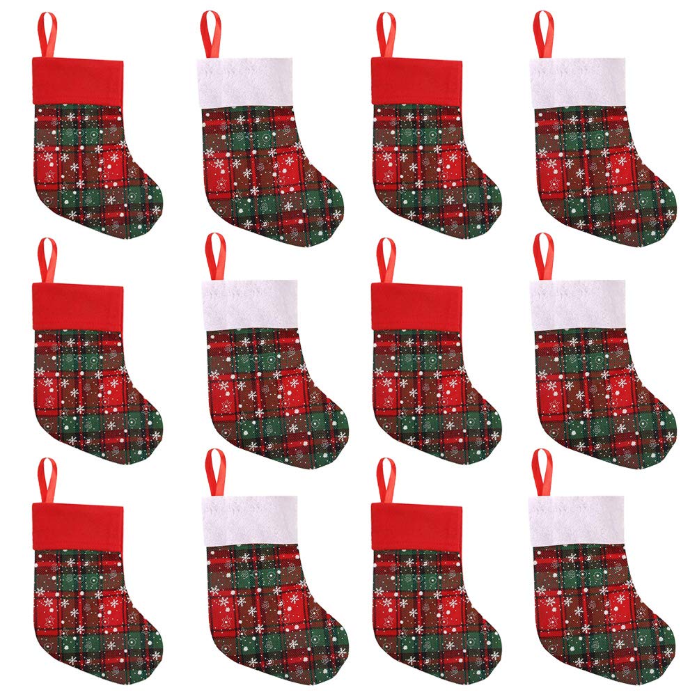 Christmas Stocking Set 12Pcs 9 Inch Small Christmas Stockings Xmas Stocking Decorations Snowflake Tableware Holders for Kids Candy Goodie Pouch Bags Gifts Holding Set Christmas Tree Party Ornament