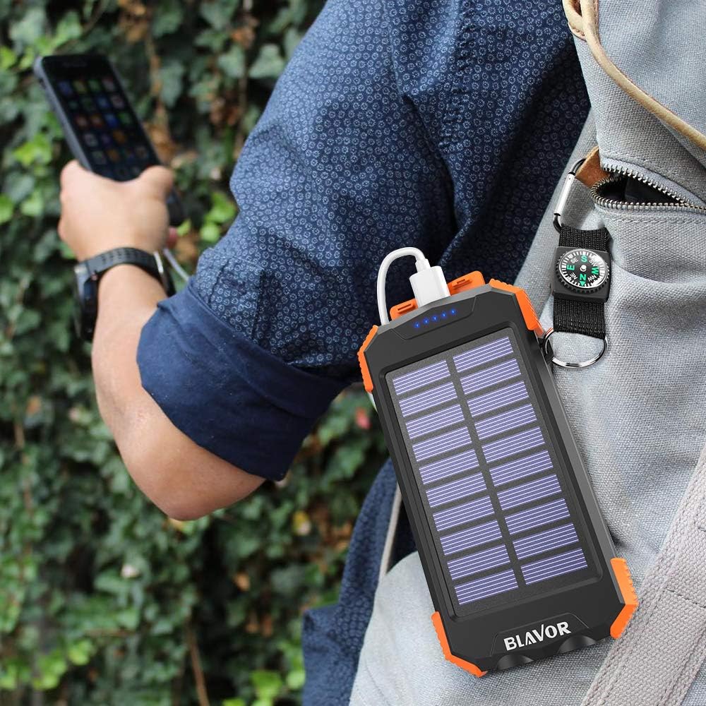 Solar Power Bank, Qi Portable Charger 10,000mAh External Battery Pack Type C Input Port Dual Flashlight, Compass, Solar Panel Charging (Orange)